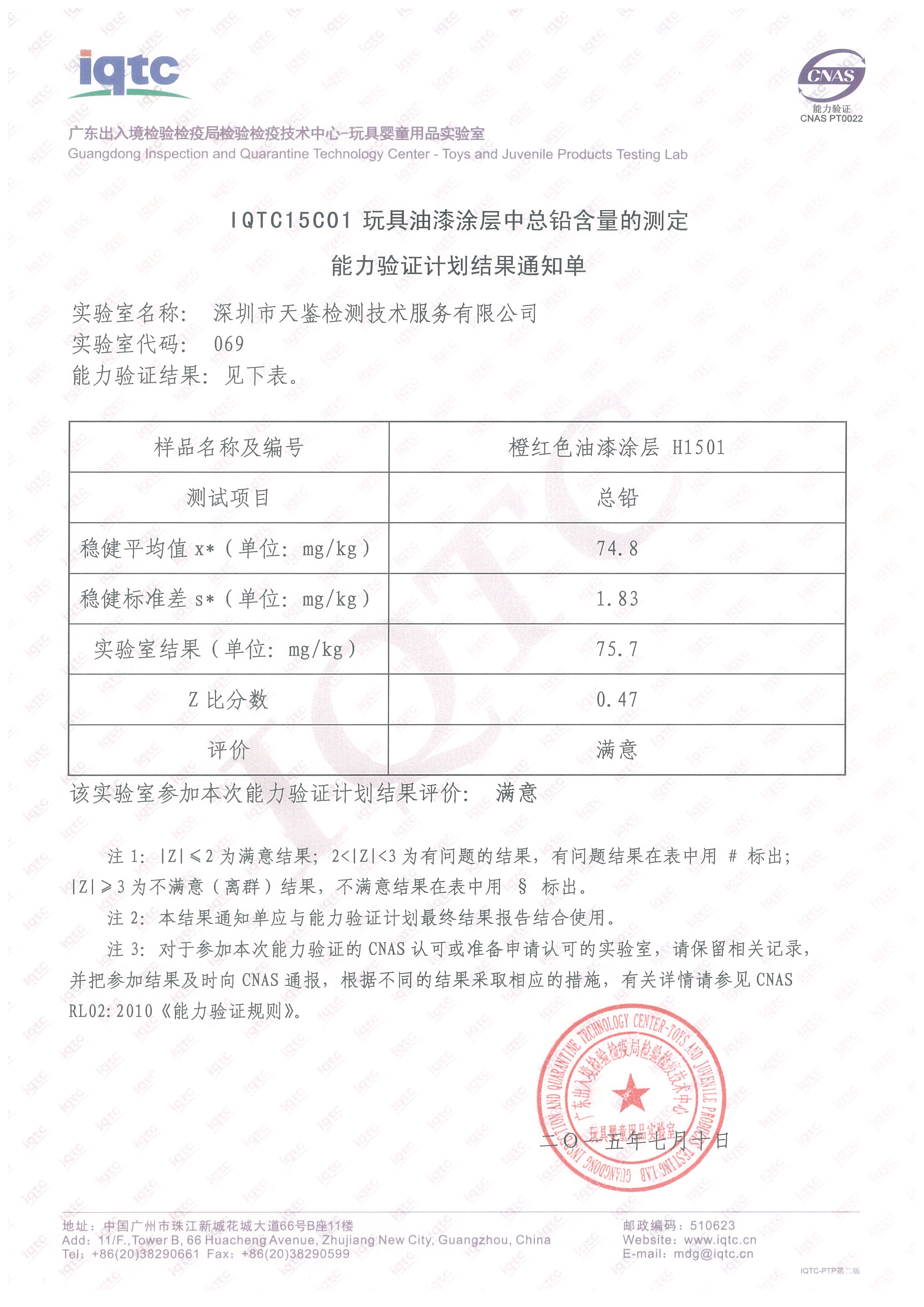 天鉴检测在IQTC15C01玩具油漆图层中总铅含量的测定能力验证计划获得满意结果