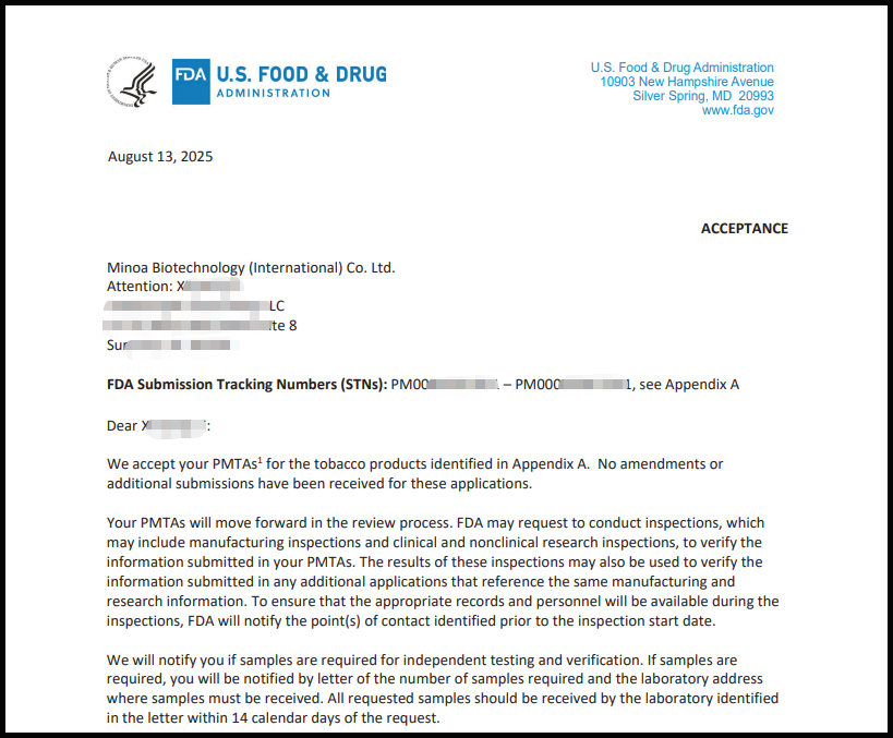 MINOA尼古丁口含糖PMTA新进展：成功获得Acceptance letter！