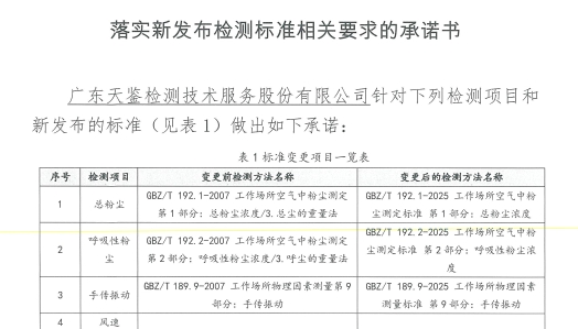落实新发布检测标准相关要求的承诺书